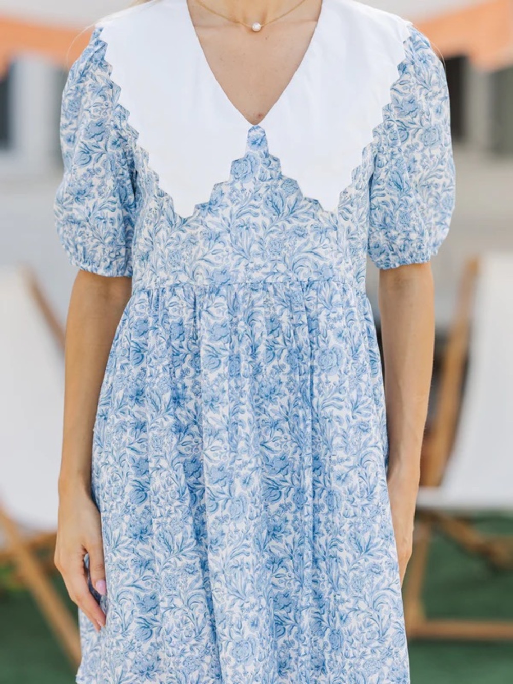Blue Floral Midi Dress with White Scalloped V-Collar